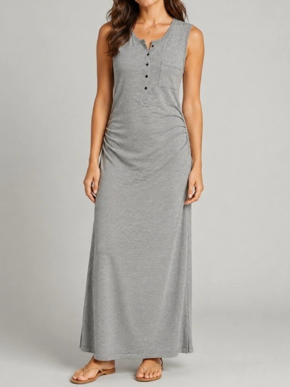 Athleta Microstripe Henley Gray Ruched Maxi Dress Stretchy Side Slit Sleeveless